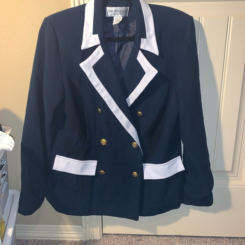 Vintage 80's Lee Magram Collection Blazer Women’s SZ  10. Navy & White Gold Btns